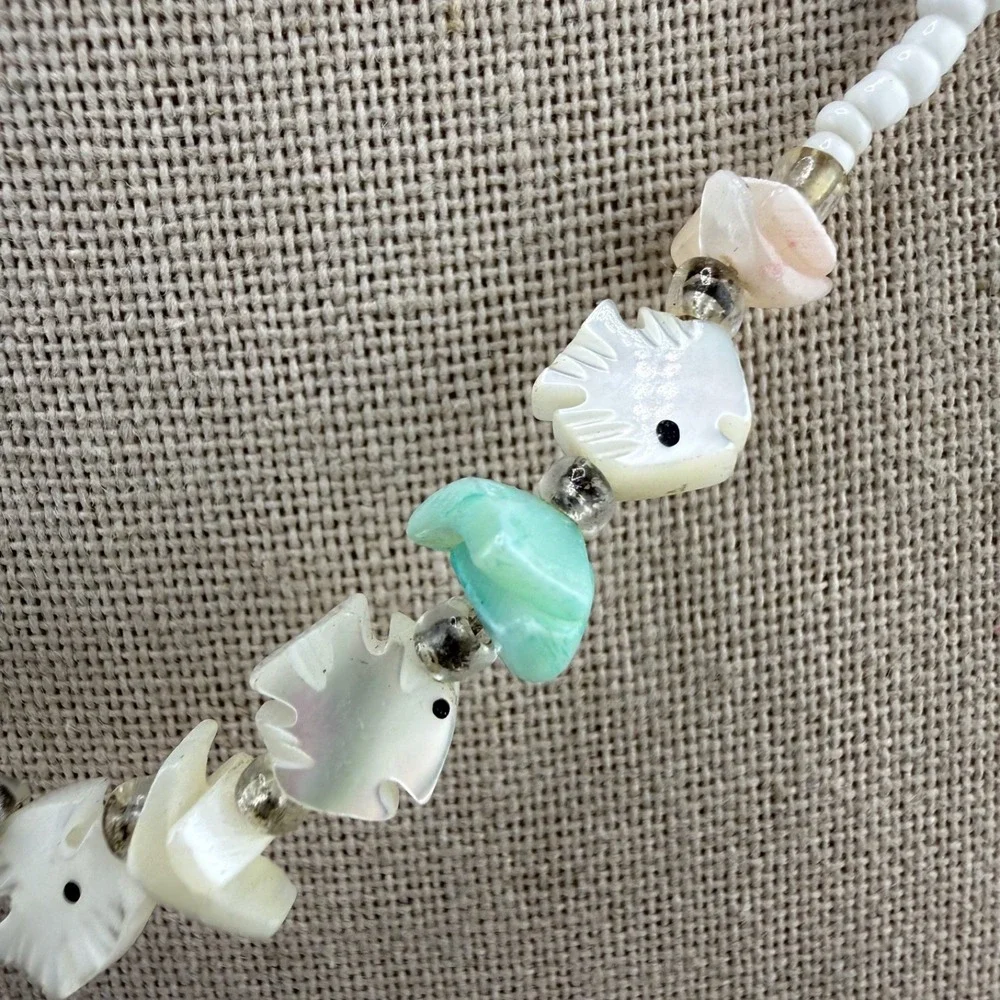 Vintage Heishi Fetish Necklace Beaded Carved Shell Fish‎ 16